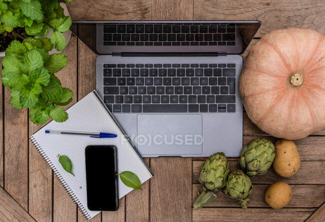 From above of various vegetables arranged on wooden table with gadgets and notepad with pen — Stock Photo