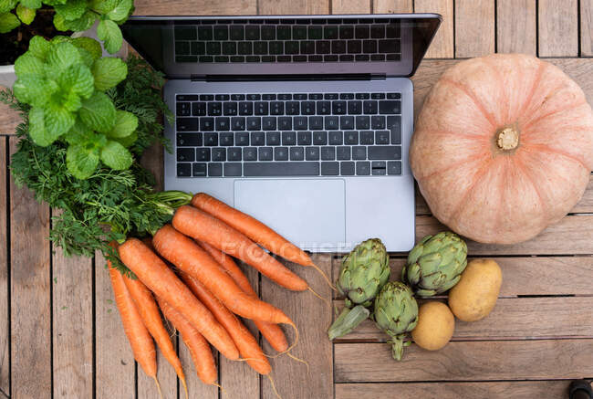 Laptop na mesa com legumes maduros variados — Fotografia de Stock