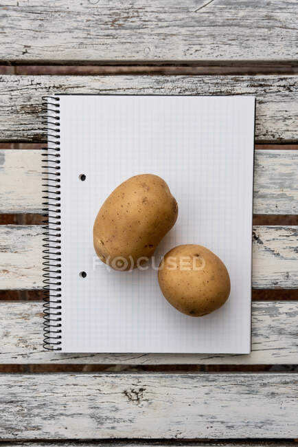 Vista superior de duas batatas colocadas no bloco de notas aberto com páginas em branco na mesa de madeira — Fotografia de Stock