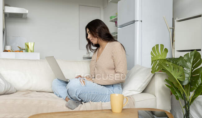 Vista lateral femenina escribiendo en netbook mientras está sentado en el sofá en la casa - foto de stock