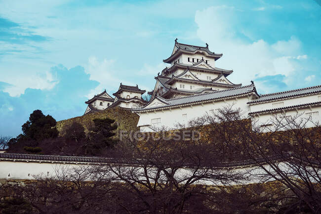 Desde abajo del castillo tradicional de Himeji con techos curvos en el fondo del cielo azul en Japón - foto de stock