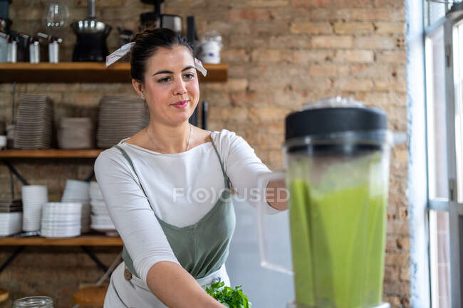Weibchen mischen Gemüse und vegetarische Milch in Küchengerät, während sie gesundes grünes Getränk im Haus zubereiten — Stockfoto