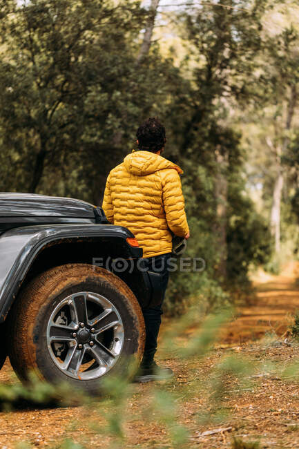 Vista posteriore di avventuriero accanto alla sua auto fuoristrada guardando la strada in montagna — Foto stock