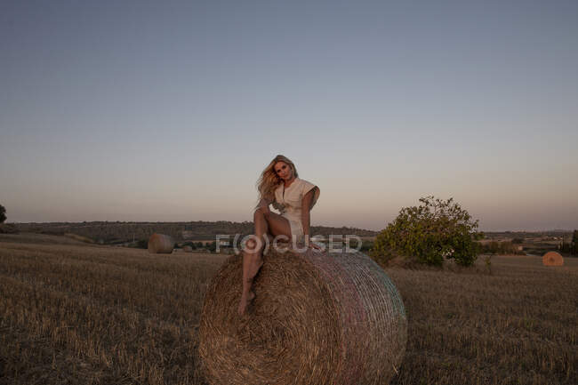 Peaceful female in elegant dress sitting on haystack in dry field in rural area — Stock Photo