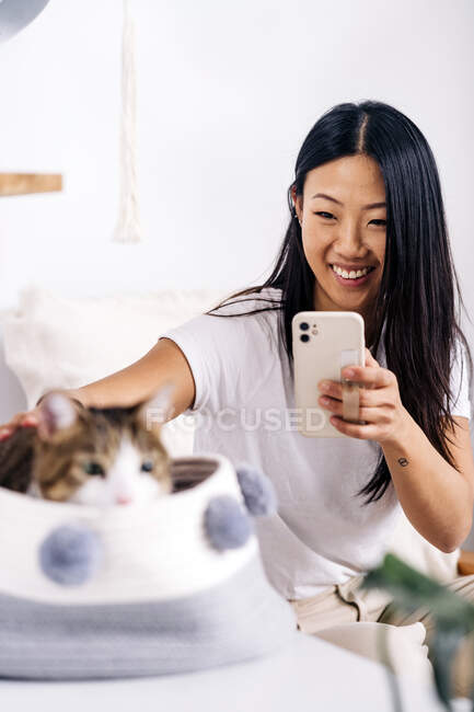 Content ethnic female taking photo of cute cat in basket on cellphone in light house room — Stock Photo
