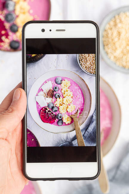 Вид зверху на врожай невпізнаваної людини, що демонструє фотографію смачного сніданку з смузі та фруктами на екрані мобільного телефону — стокове фото