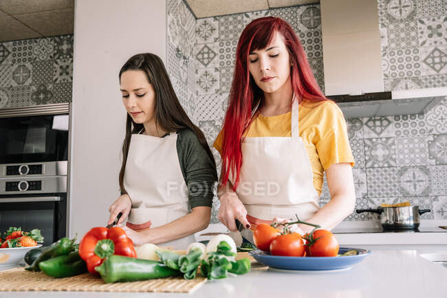 Copines homosexuelles couper le concombre tout en préparant des aliments végétariens sains à table dans la maison — Photo de stock