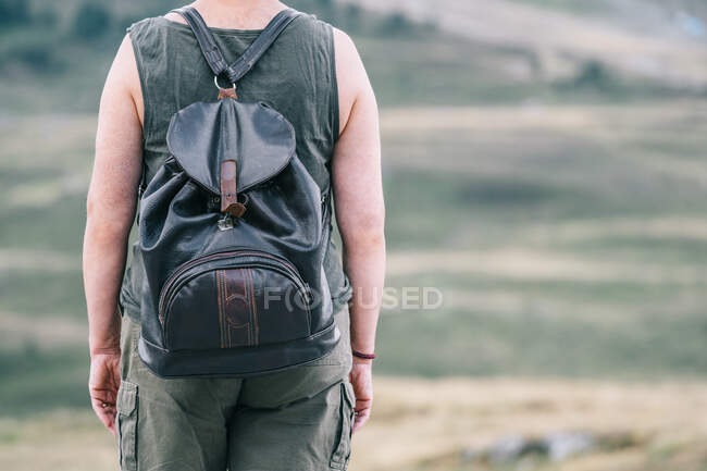 Vista posteriore di anonima escursionista donna con zaino in piedi su una collina in un terreno montagnoso e ammirare un paesaggio pittoresco — Foto stock