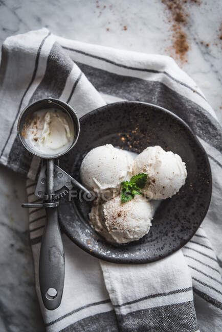 Верхний вид вкусное мороженое со свежими листьями мяты и корицы порошок на вершине рядом с scooper на полотенце — стоковое фото