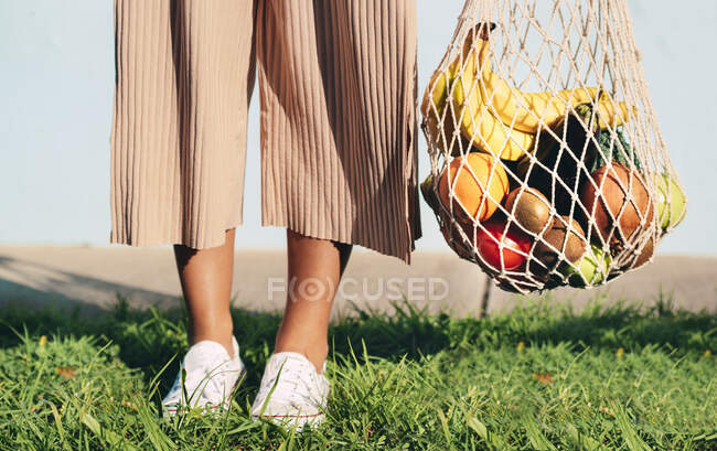 Mulher de cultura irreconhecível em pé na natureza com saco de malha de algodão com frutas e legumes maduros — Fotografia de Stock