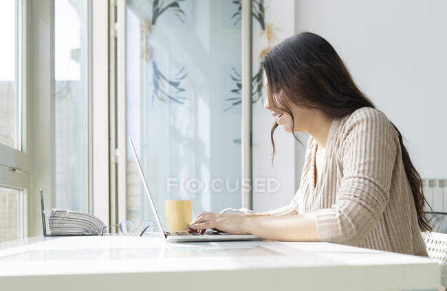 Vista lateral de la joven mujer navegando por Internet en netbook cerca de la taza de bebida caliente en plana - foto de stock