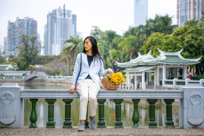 Hermosa chica asiática retrato en un parque mientras ella se sienta al lado de canasta de mimbre con flores amarillas. - foto de stock