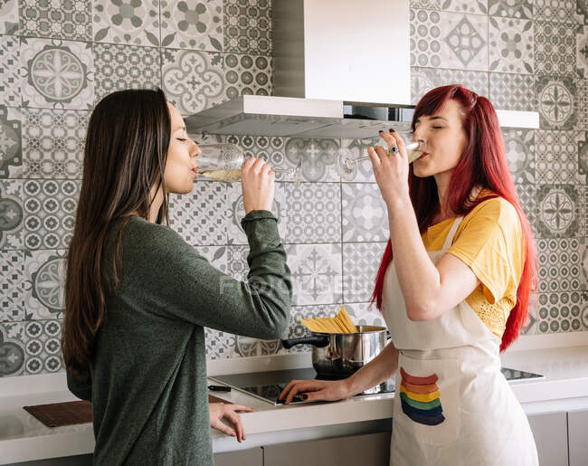 Vista laterale di giovani donne omosessuali sorridenti che bevono vino bianco mentre parlano in casa — Foto stock