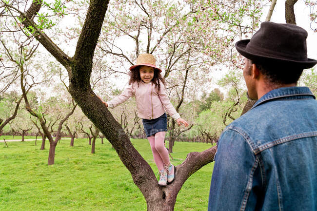 Sonriente niño en flor de almendro contra el padre étnico anónimo en el sombrero en el prado en primavera - foto de stock