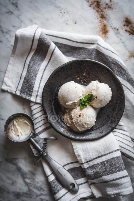 Верхний вид вкусное мороженое со свежими листьями мяты и корицы порошок на вершине рядом с scooper на полотенце — стоковое фото