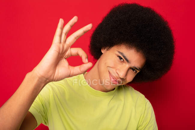Позитивный афроамериканец с прической афроамериканца, улыбающийся, смотрящий в камеру и показывающий знак в порядке, стоя на красном фоне. — стоковое фото