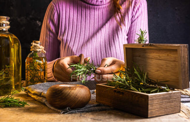 Crop lady cortar ramitas de romero con tijeras en la mesa con tela y cuerda cerca de botellas de vidrio de aceite esencial y pequeño pecho - foto de stock