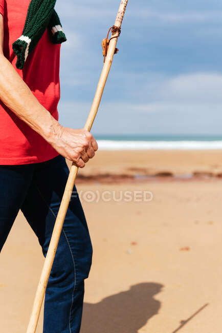 Cropped side view of unrecognizable elderly female backpacker with trekking pole strolling on boulders against stormy ocean under cloudy sky — Stock Photo