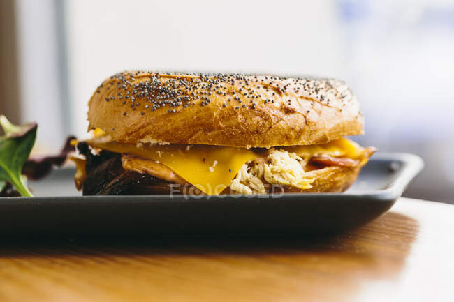 Аппетитный бутерброд с сыром и курицей на тарелке с салатом из руколы на столе в кафе — стоковое фото