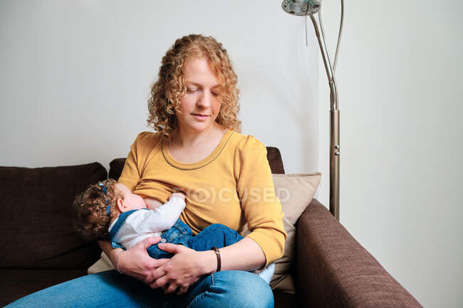 Calme Mere Celibataire Avec Les Cheveux Boucles Dans Des Vetements Decontractes Assis Sur Le Canape Et L Allaitement Petit Bebe Dans Le Salon De Lumiere A La Maison En Journee Maternite Confort