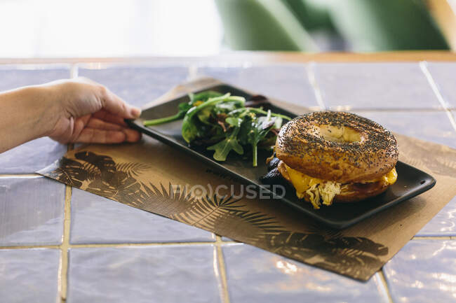 Alto ángulo de cultivo persona anónima que sirve delicioso sándwich de bagel con queso y pollo en el plato en la mesa en la cafetería - foto de stock
