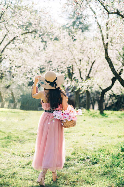 Vista posteriore corpo pieno di donna irriconoscibile in abito e cappello di paglia in piedi con cesto in giardino fiorito — Foto stock