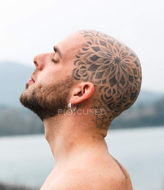 Vue latérale du mâle tranquille avec tête chauve tatouée debout les yeux fermés dans la nature contre la rivière et la montagne par temps nuageux — Photo de stock