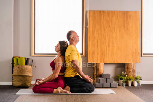 Vista laterale di istruttori calmi di sesso maschile e femminile in activewear ricreando in Thunderbolt asana sul tappeto durante l'allenamento di yoga insieme in studio — Foto stock