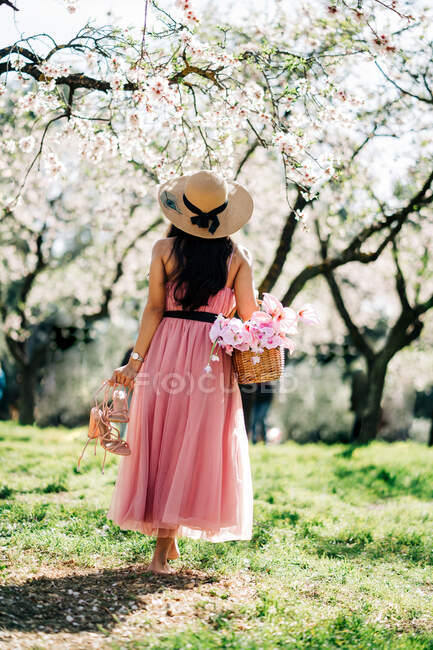 Vista posterior cuerpo completo de mujer descalza irreconocible en vestido y sombrero de paja de pie con cesta y zapatos en el jardín floreciente - foto de stock