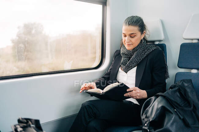 Konzentrierte Frau mit Pferdeschwanz liest während der Fahrt Buch auf dem Beifahrersitz im Waggon — Stockfoto