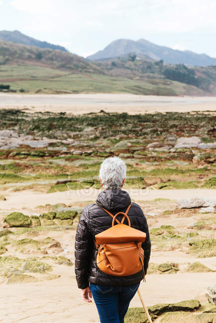 Вид на неизвестную пожилую женщину-туристку с шестом для похода, прогуливающуюся по берегу валунов на фоне зеленой горы — стоковое фото