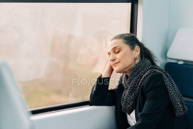 Seitenansicht einer Frau mittleren Alters mit geschlossenen Augen, die sich auf die Hand stützt, während sie während der Fahrt im Waggon auf dem Beifahrersitz am Fenster schläft — Stockfoto