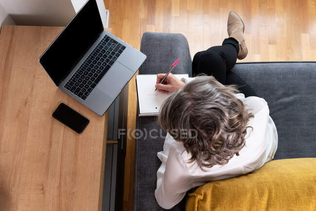 Сверху анонимная работница с блокнотом и ручкой, сидящая на диване напротив нетбука с диаграммами на экране — стоковое фото