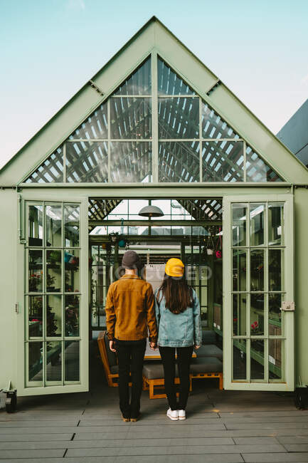 Vista posteriore di una coppia di hipster alla moda in piedi su una terrazza in legno mentre si tengono per mano e si guardano le spalle — Foto stock