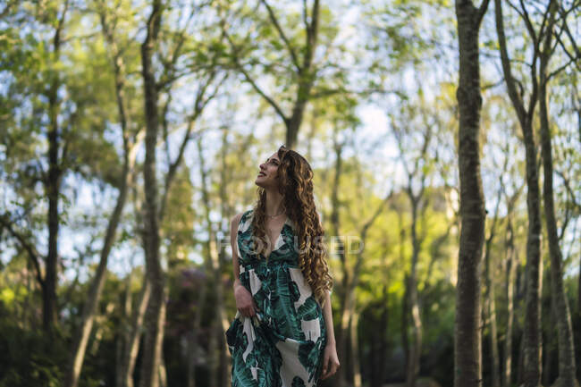 Attractive young female wearing stylish maxi sundress strolling on boardwalk in abundant park and looking up — Stock Photo