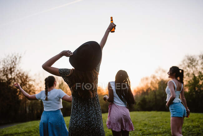 Back view of company of anonymous girlfriends with beer enjoying summer weekend at sunset in park — Stock Photo