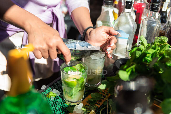 Ritaglia anonima barista femminile aggiungendo cubetti di ghiaccio nel bicchiere mentre prepara cocktail di mojito rinfrescanti freddi nel soleggiato bar all'aperto — Foto stock