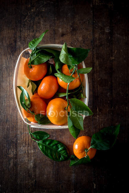 Overhead view of bright fresh tangerines with green foliage in rectangular shaped container on wooden table — Stock Photo