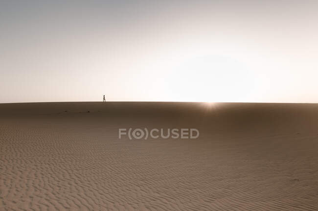Anonyme Touristin spaziert, während sie in der Abenddämmerung den hellen Himmel mit Sonnenstrahlen betrachtet — Stockfoto