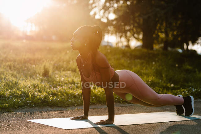 Vue latérale de l'ajustement athlète féminine afro-américaine équilibrage en position de planche tout en faisant des abdos séance d'entraînement dans le parc au coucher du soleil — Photo de stock