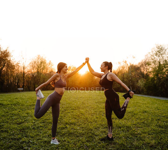 Side view of smiling athletic female runners holding hands and stretching legs while supporting each other during workout in park at sunset — Stock Photo