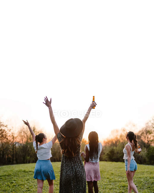 Vista trasera de compañía de novias anónimas con cerveza disfrutando de fin de semana de verano al atardecer en parque - foto de stock