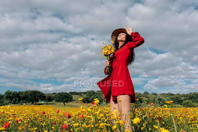 D'en bas de la femelle élégante dans le chapeau parmi les fleurs en fleurs dans le champ de campagne le jour d'été — Photo de stock