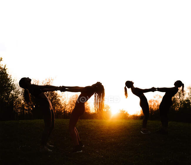 Vue latérale des silhouettes de femmes pratiquant l'acro yoga ensemble dans la pose debout Backbend tout en se tenant la main au coucher du soleil dans le parc — Photo de stock