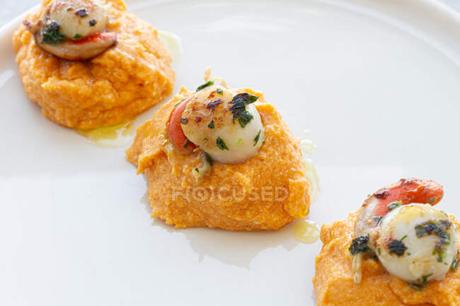 From above yummy scallops with delicious sweet potato puree served on white plate on table — Stock Photo