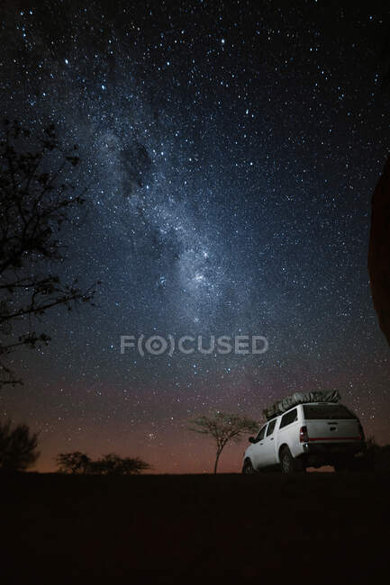 Low angle of off road vehicle parked in nature among trees under glowing stars at night — Stock Photo