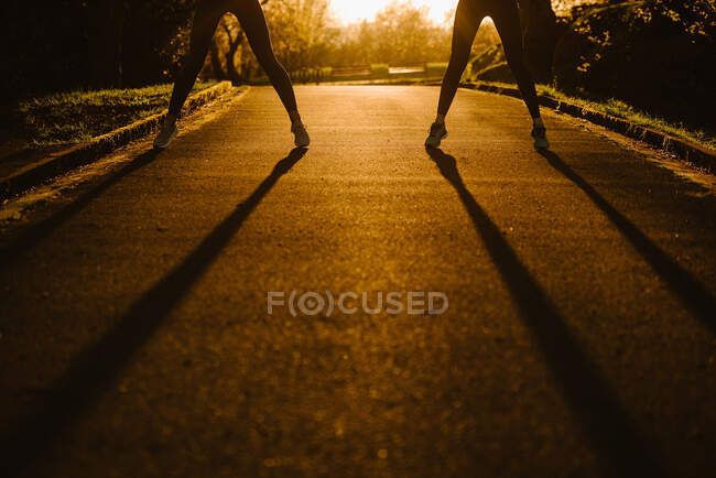 Crop anonymous female sportswomen standing on pathway in park during training at sundown in summer — Stock Photo