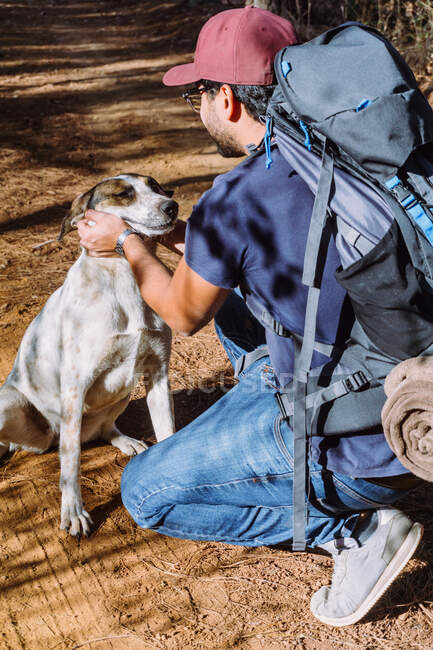 Vista lateral alto ângulo de nômade masculino com pertences na mochila acariciando cão rafeiro sentado em hunkers — Fotografia de Stock