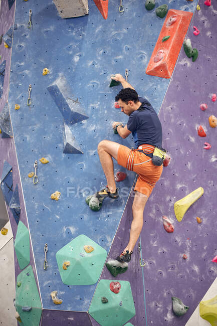 Back view of male mountaineer in harness climbing artificial wall in bouldering center — Stock Photo