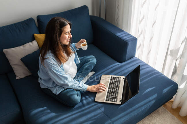 Mujer embarazada positiva sentada en un sofá blando con portátil y bebida caliente - foto de stock